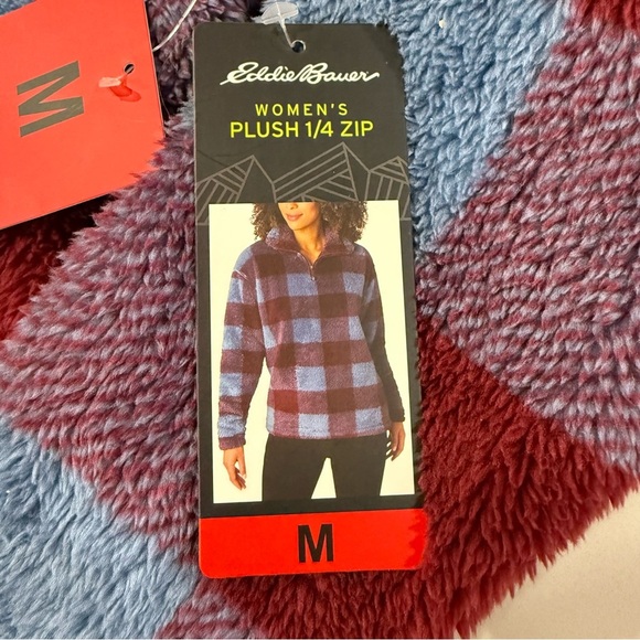 Eddie Bauer NWT Plush 1/4 Zip Pullover Sweatshirt Women’s Medium Blue/Red Plaid - Picture 3 of 6